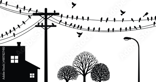 Suburban house with utility pole silhouette vector illustration, birds on power lines icon, rural neighborhood graphic design element for stock content