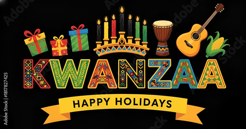 Kwanzaa Happy Holidays Greeting Card Design African Festival Celebration Kinara Candle Gift Djembe Drum Guitar Corn Cultural Symbols Swahili Principles Unity Self Determination Collective Work
