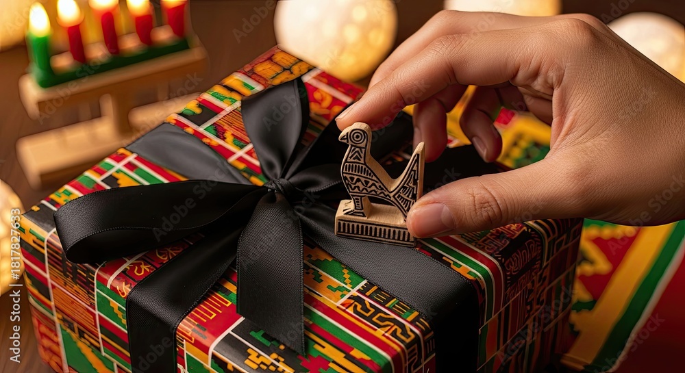 Fototapeta premium Hand tops Kwanzaa gift, gift bears bird symbol, gift honors traditions