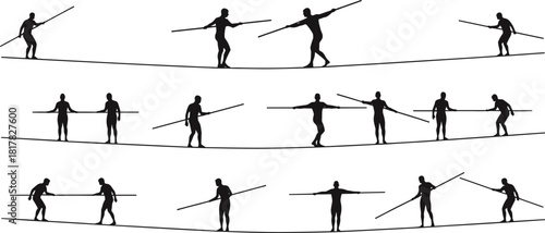 Tightrope walker silhouette vector illustration set, balance performance icons, circus acrobat design elements, movement poses graphic, artistic motion concept for stock content