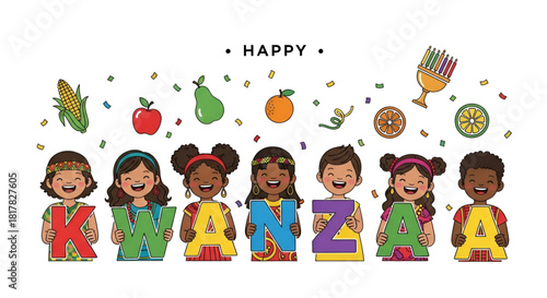 Kwanzaa Happy Children Celebration African American Kids Holding Letters Festival Fruits Corn Kinara Unity Cup Swahili Umoja Mazao Mkeka Joyful Culture Vector Illustration Design Banner
