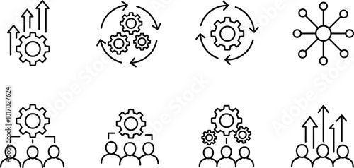 Teamwork and process management icons, gears with arrows, collaboration silhouettes, productivity growth, organizational structure, vector illustration of workflow systems