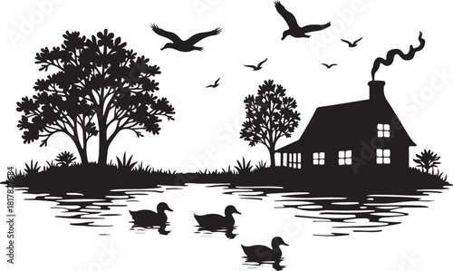 Black silhouette of a house with smoking chimney and ducks on water
