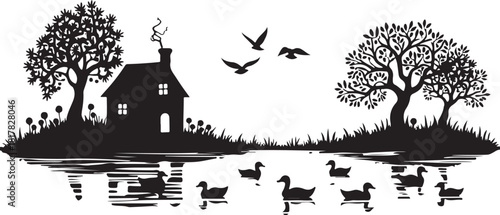 Black silhouette of a house with trees ducks and birds