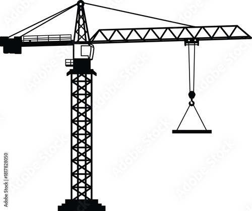 Tower crane silhouette vector illustration, construction machinery lifting load icon, industrial engineering equipment graphic, heavy duty building site transport design element