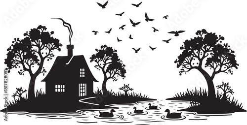 Black silhouette of a house with trees ducks and birds