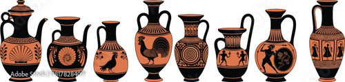 Ancient Greek pottery collection illustration, traditional terracotta vases artwork, classical ceramic amphora designs, cultural historical artifacts, decorative antique vessel set