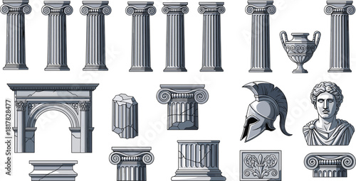 Ancient Greek Roman columns set, classical architecture elements, Ionic pillars and ruins, antique sculpture illustration, historical decorative stone art collection