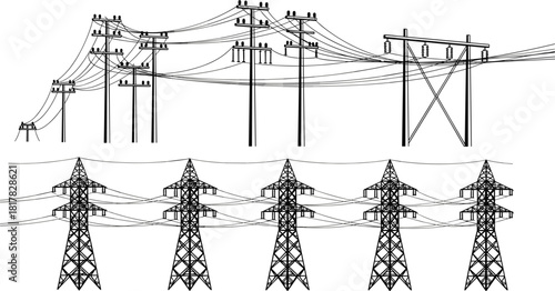 Transmission towers and utility poles vector, electrical infrastructure illustration, power line 