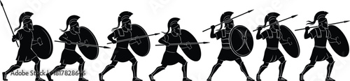 Ancient Greek warrior silhouette illustration, marching hoplites with spears and shields, classical military artwork, historic battle formation vector design