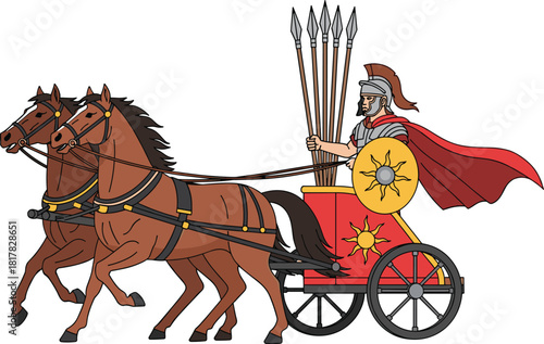 Ancient warrior riding fast chariot with horses, historical battle carriage illustration depicting classical armor, weapons, speed, power and heroic movement