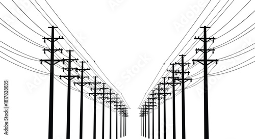 Utility pole perspective silhouette vector illustration, symmetrical power line infrastructure design, electrical distribution grid icon, industrial energy transport graphic element for stock content