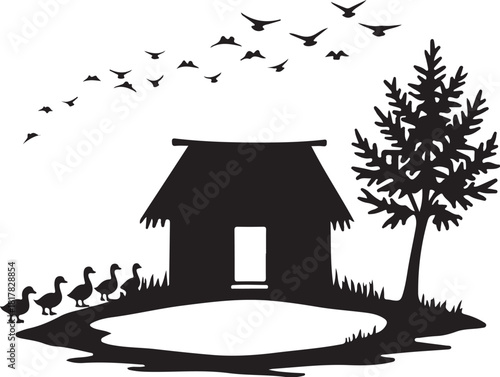 Black silhouette of a hut with ducks and birds black and white