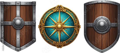 Ancient wooden and fantasy shields set, medieval defense equipment collection, warrior protection gear 