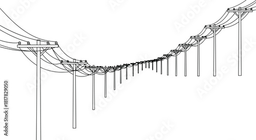  Utility pole vector illustration with power lines, electricity distribution drawing, 