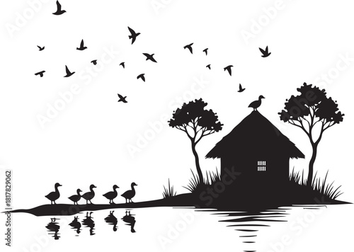 Black silhouette of a hut with trees ducks and birds