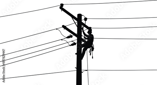  Utility pole worker silhouette vector, lineman climbing power pole with safety gear, electricity maintenance concept, electrical infrastructure repair illustration for energy industry design