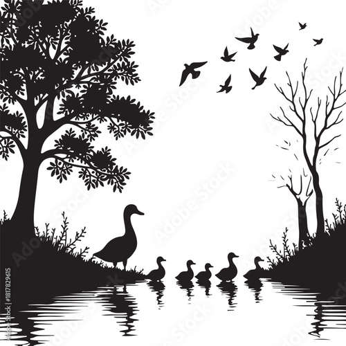 Black silhouette of a mother duck and ducklings by a lake with birds flying
