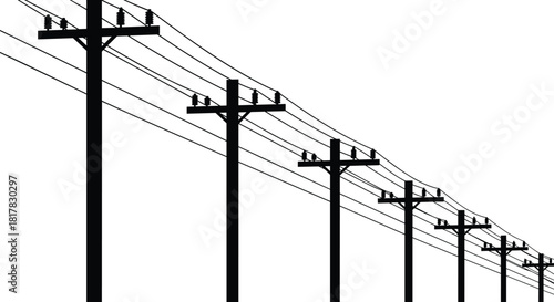 Utility poles perspective silhouette, power line vector illustration, electricity distribution artwork, energy infrastructure design, urban engineering concept, minimalist black and white composition