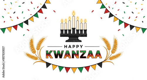 Kwanzaa Happy Celebration Greeting Card Design Kinara Seven Candles Lit Wheat Ears Mazao Harvest Symbol Swahili Umoja Unity Principle Confetti Streamers Banner Background Vector Illustration
