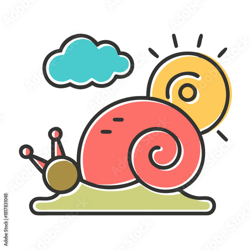 A snail crawls on the grass with the sun and a cloud
