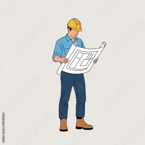An illustrated construction worker wearing a hard hat examines architectural blueprints, focusing on building plans and design elements with careful attention to detail.