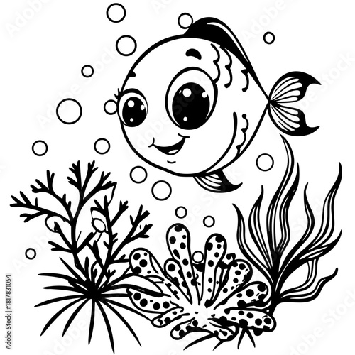 A cute fish swims among the coral and bubbles underwater