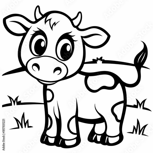 Cartoon cow with eyelashes standing in grass isolated on