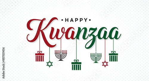 Kwanzaa Happy Celebration Greeting Card Design Hybrid Holiday Symbols Gifts Hanukkah Menorah Star Of David African American Unity Swahili Principle Red Green Festive Vector Illustration
