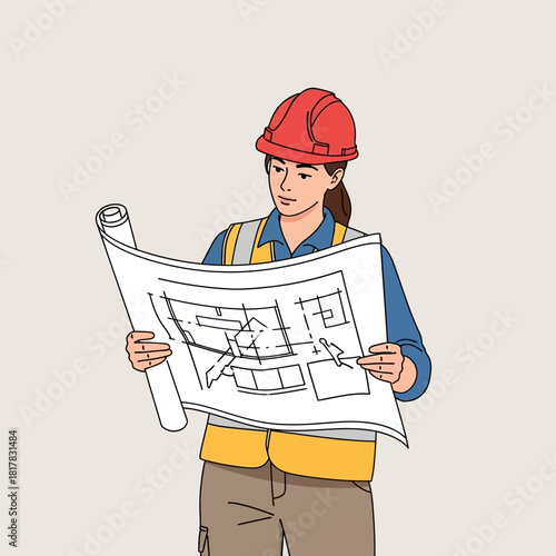 A female construction worker in a red hard hat carefully reviews a blueprint, ensuring accuracy and adherence to the design plans on a neutral background.
