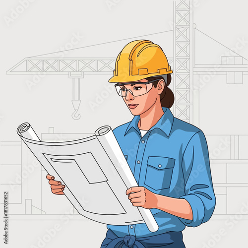 A female architect or engineer in a hard hat and safety glasses reviews blueprints with a construction site background.