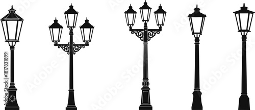 Vintage street lamp silhouettes collection, ornate lamp post vector illustration, decorative outdoor lighting designs artwork, historical urban illumination concept, black and white architectural set
