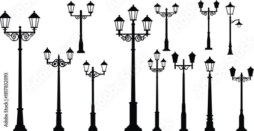 Vintage street lamp silhouettes, ornate classical designs, decorative scrollwork, multiple lanterns, urban lighting illustration, vector set of historical lamp posts