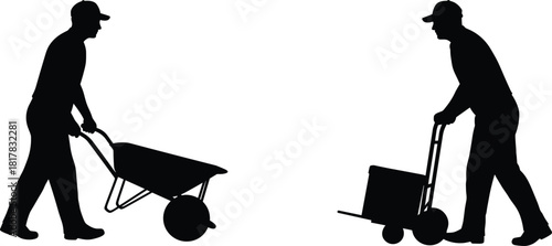 Wheelbarrow and hand truck silhouette vector illustration, manual labor transport icons, worker pushing carts graphic design element, industrial goods moving concept