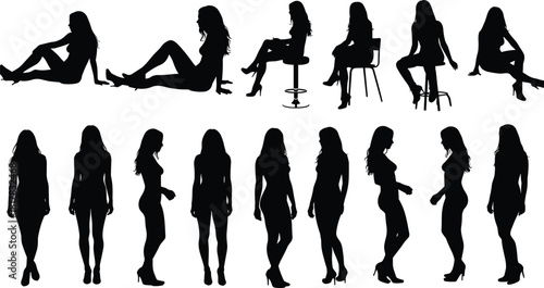 Women silhouette vector illustration, sitting and standing poses, fashion design reference, human figure artwork, lifestyle posture collection, artistic anatomy study resource