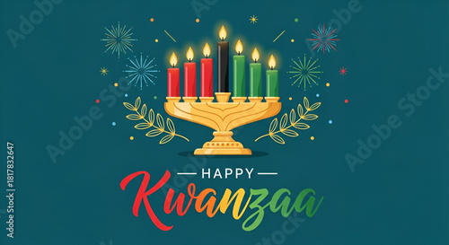 Kwanzaa Happy Celebration Greeting Card Design Kinara Seven Lit Candles African American Holiday Principles Umoja Swahili Fireworks Starburst Decorative Branch Vector Illustration Banner Background
