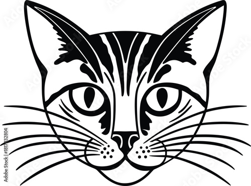 Stylized Cat Face Line Art black and white illustration