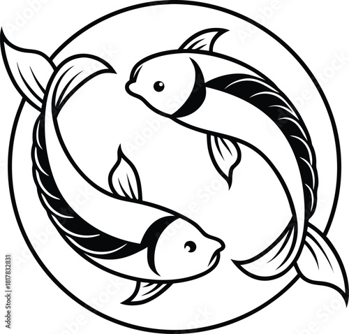 Two Koi Fish In Circle Outline carp aquatic