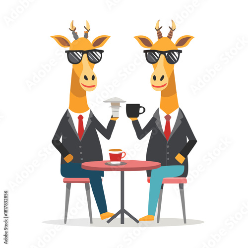 Two giraffes wear sunglasses and suits, holding coffee cups at a cafe. One wears an apron, the other a blazer. They enjoy a hot drink together at a table in a cozy coffee shop.
