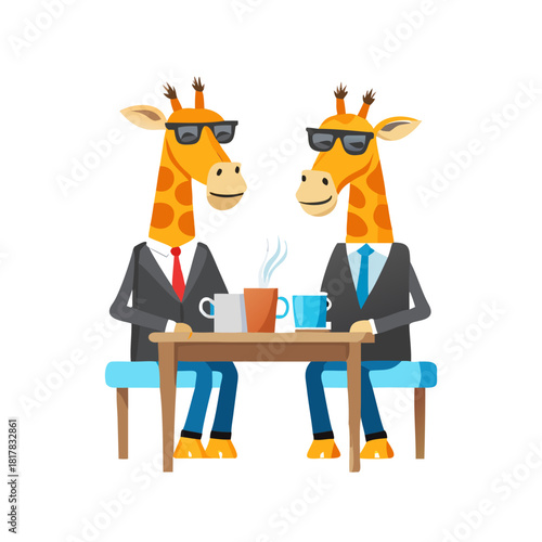 Two giraffes wear sunglasses and suits, holding coffee cups at a cafe. One wears an apron, the other a blazer. They enjoy a hot drink together at a table in a cozy coffee shop.
