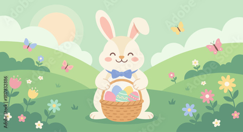 Cute Easter Bunny With Basket
Flat vector illustration of a smiling Easter bunny holding a basket filled with colorful eggs, soft pastel palette, rounded shapes, child-friendly style