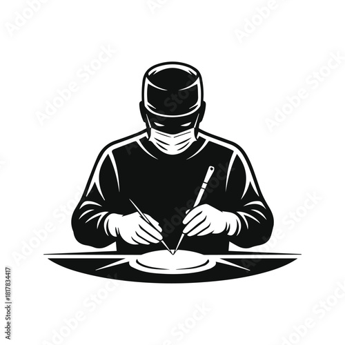 Surgeon silhouette performing surgery with mask and surgical cap vector illustration isolated on white background