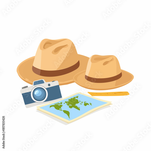 Travel Essentials: Hats Camera and Map for Adventure.