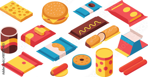 Isometric snack and food packaging illustration set featuring chips, chocolate bars, cookies, biscuits, cheese, cans, sausage, and fast food items