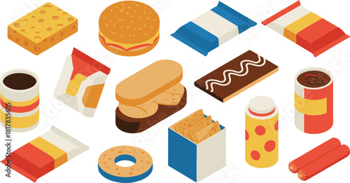 Isometric snack and food packaging illustration set featuring chips, chocolate bars, cookies, biscuits, cheese, cans, sausage, and fast food items