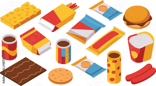 Isometric snack and food packaging illustration set featuring chips, chocolate bars, cookies, biscuits, cheese, cans, sausage, and fast food items