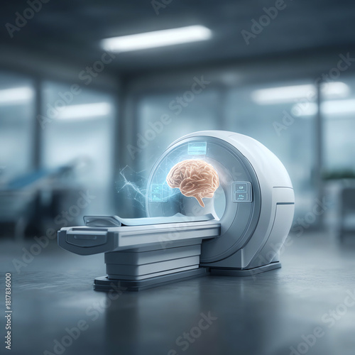 Futuristic MRI scanner in hospital room performing brain scan with medical technology. hopeful image for diagnosis and neurology research