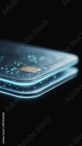 Futuristic credit card with glowing blue light. Close up shows new secure payment design for finance, banking, and modern technology