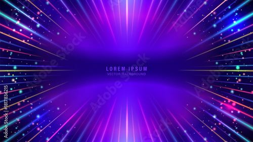 Vibrant abstract digital background features dynamic neon light beams, glowing particles, and a bokeh effect