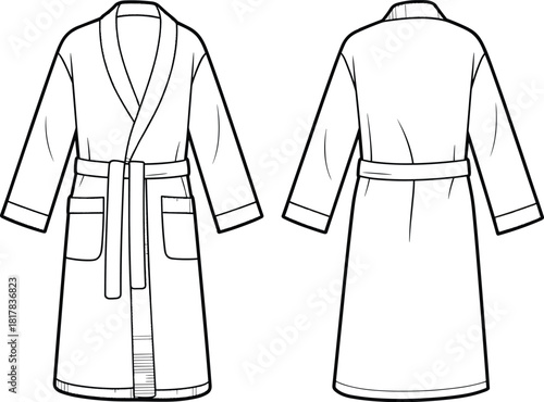 Women’s bathrobe fashion flat with belt, front pockets, long sleeves, shawl collar, garment technical drawing for apparel design illustration
